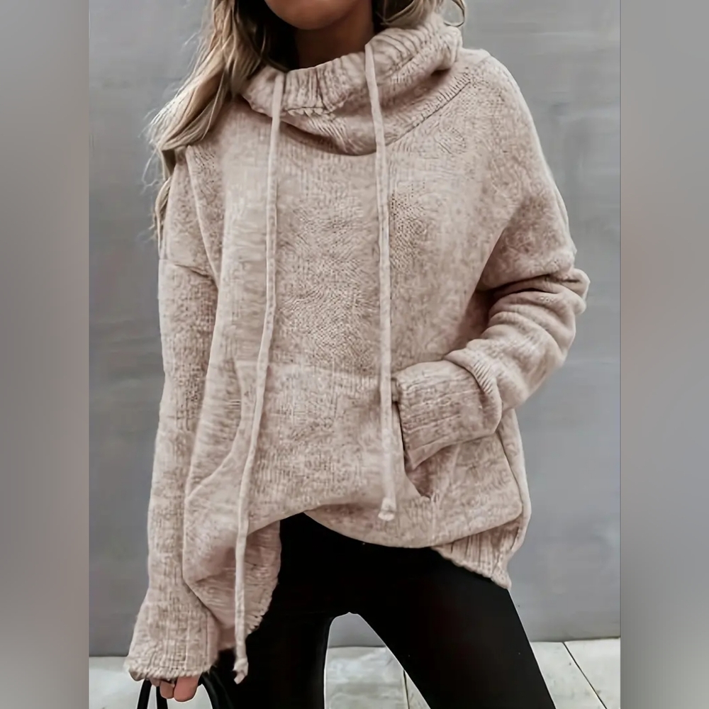 Women's Plus Size Cowl Neck Drawstring Sweater